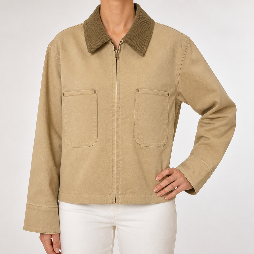 Nora | Womens Cropped Corduroy Collar Zip Work Jacket, Dark Beige