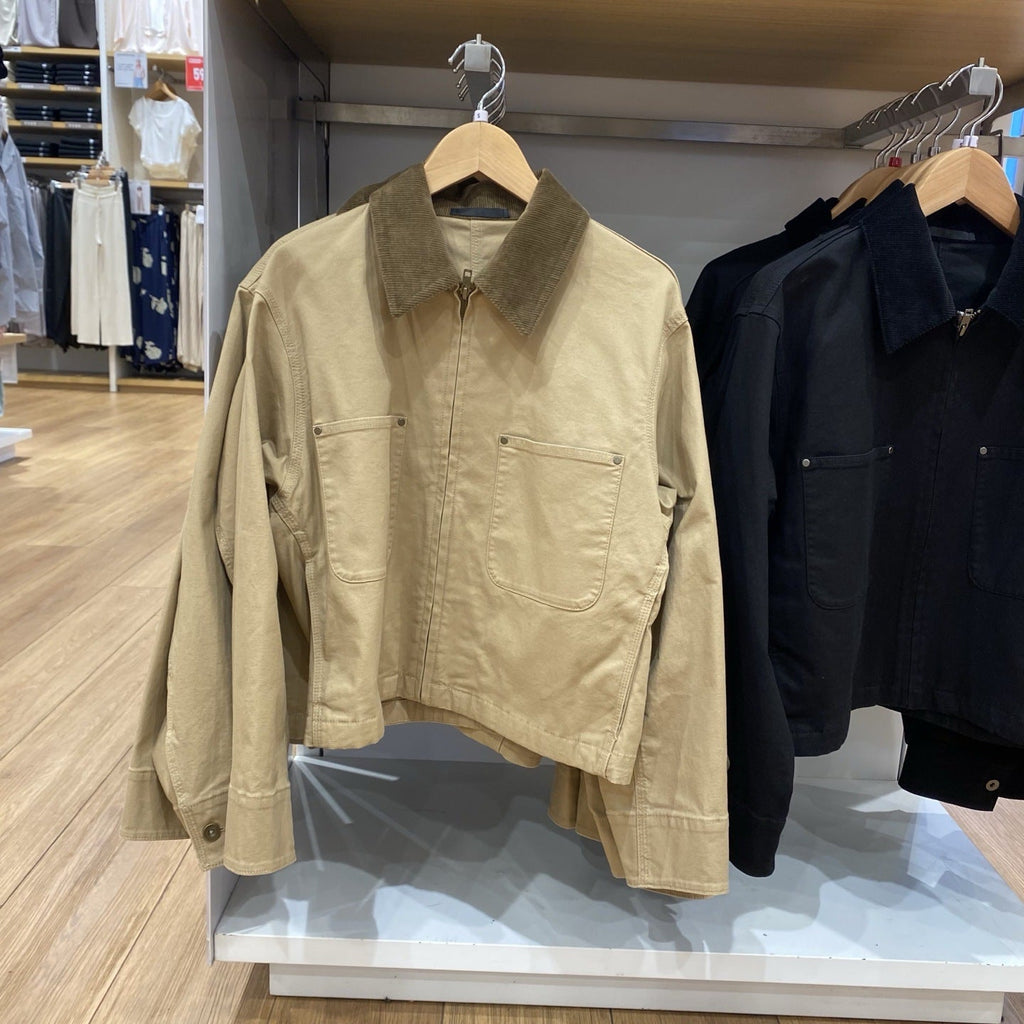 Nora | Womens Cropped Corduroy Collar Zip Work Jacket - Dark Beige