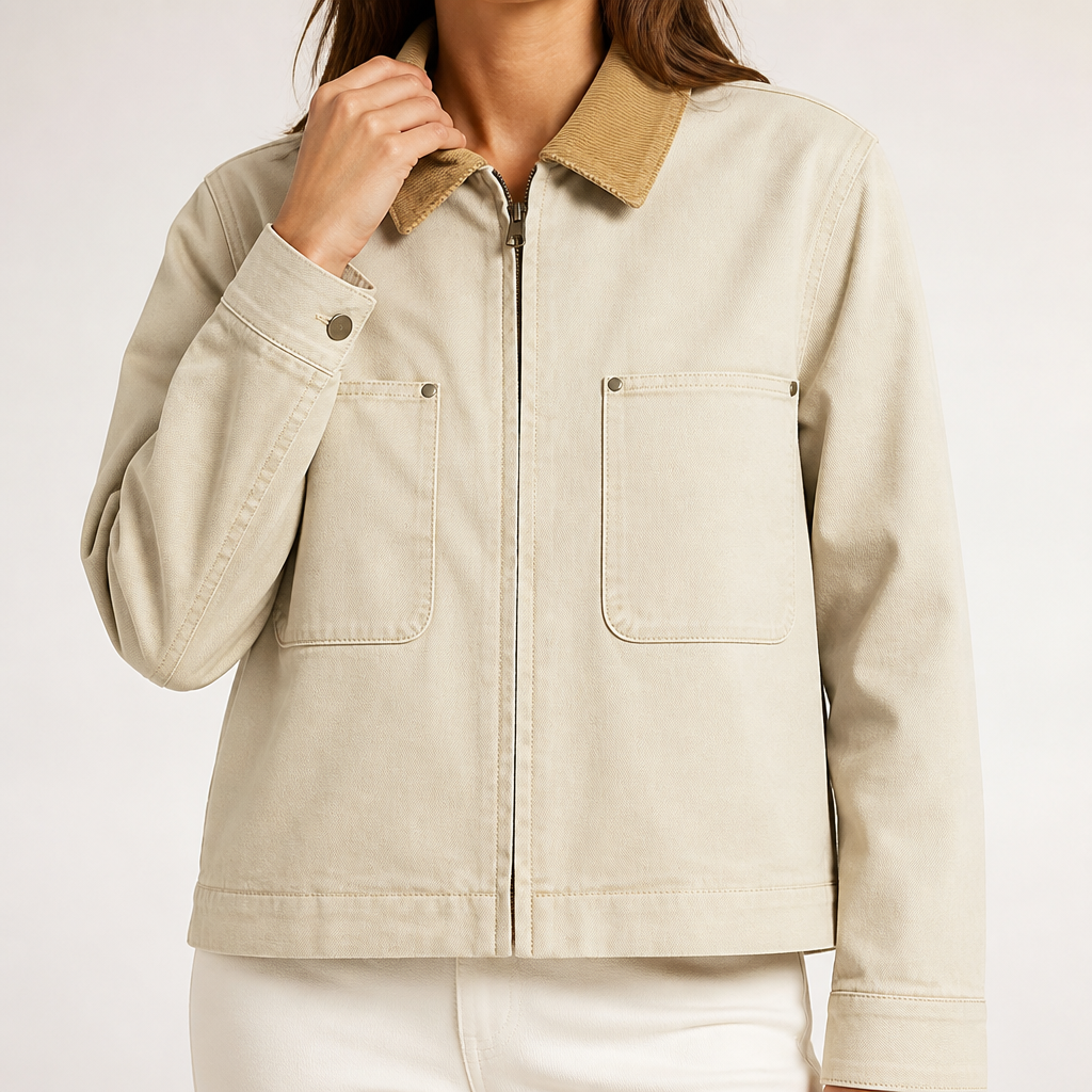 Nora | Womens Cropped Corduroy Collar Zip Work Jacket, Light Beige