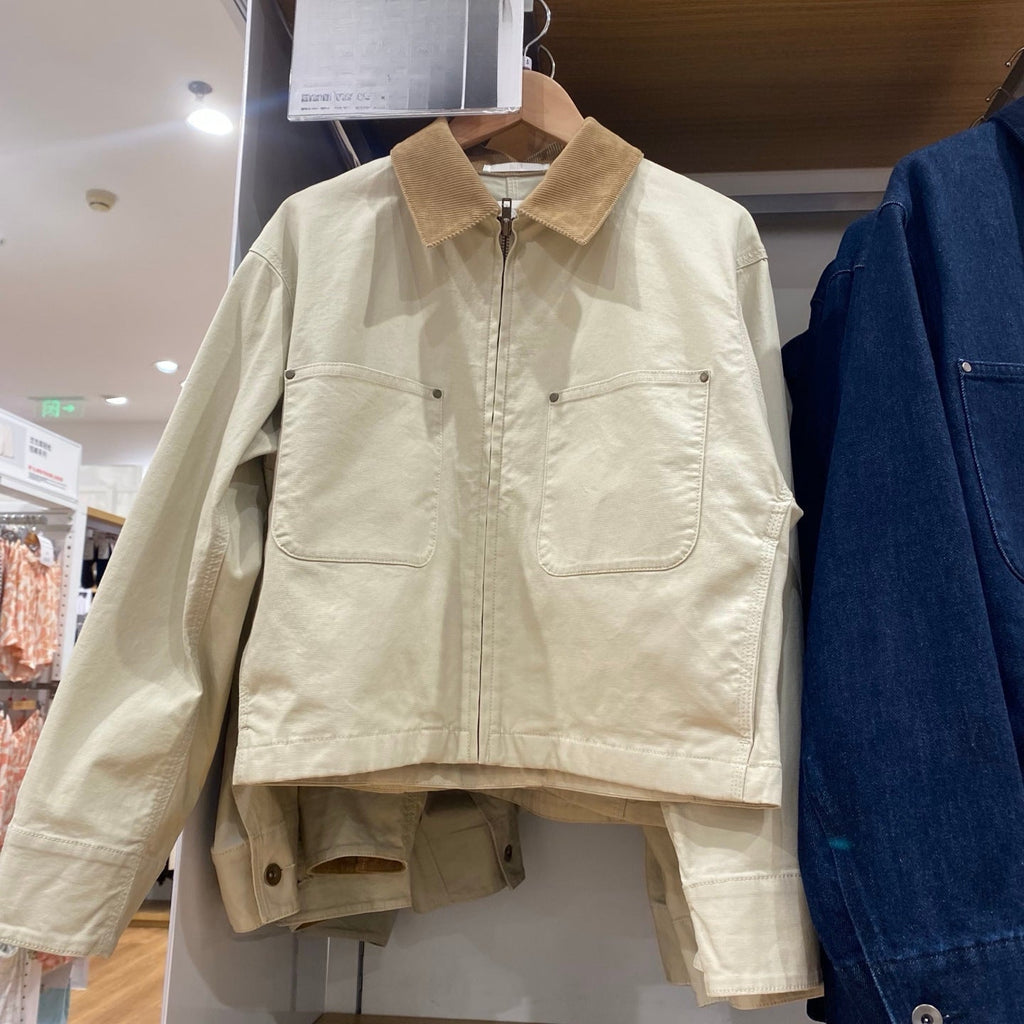 Nora | Womens Cropped Corduroy Collar Zip Work Jacket - Light Beige