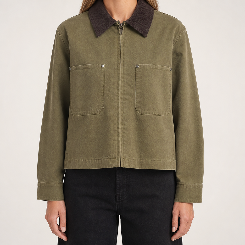 Nora | Womens Cropped Corduroy Collar Zip Work Jacket, Navy Blue
