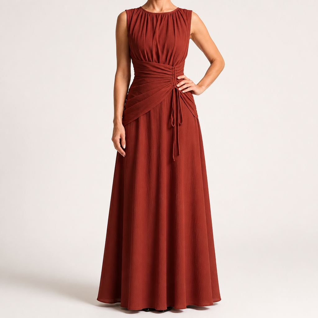 Odette | A Line Chiffon Maxi Wedding Guest Summer Dresses, Brick Red