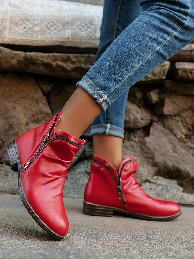 Odette | Womens Block Heel Zip Ankle Boots Combat Platform Booties - Red