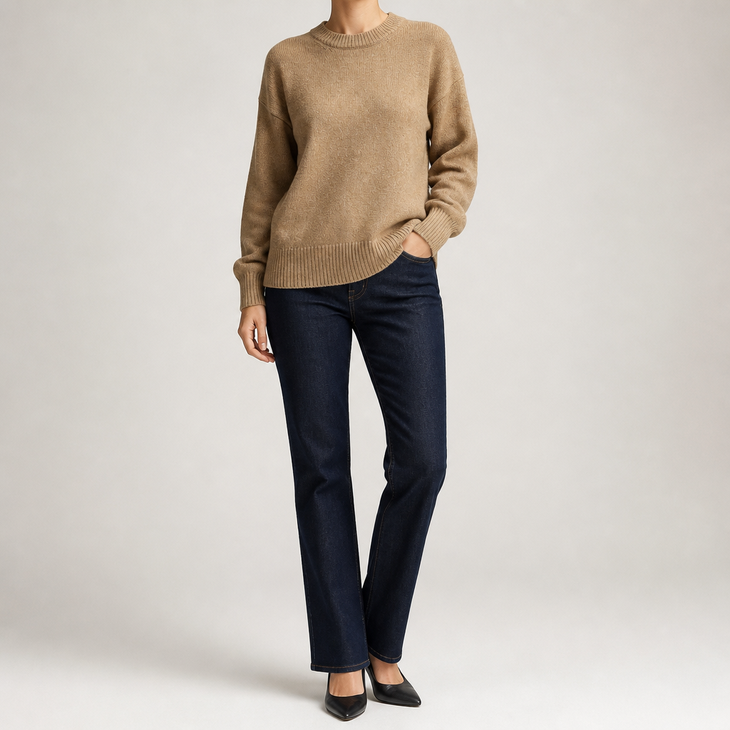 Odette | Womens Loose Round Neck Knitted Jumper Pullover Sweater, Camel