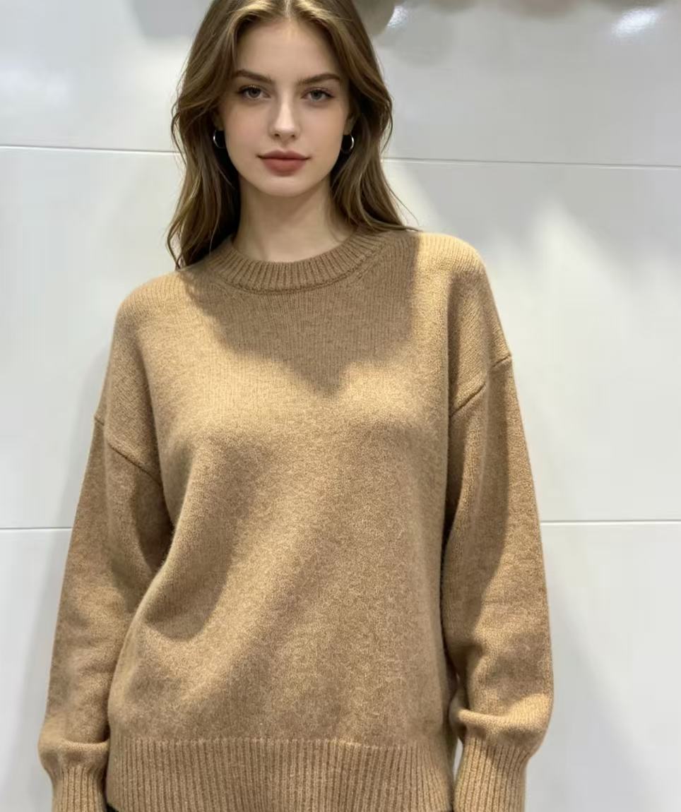 Odette | Womens Loose Round Neck Pullover Knitted Jumper - Camel