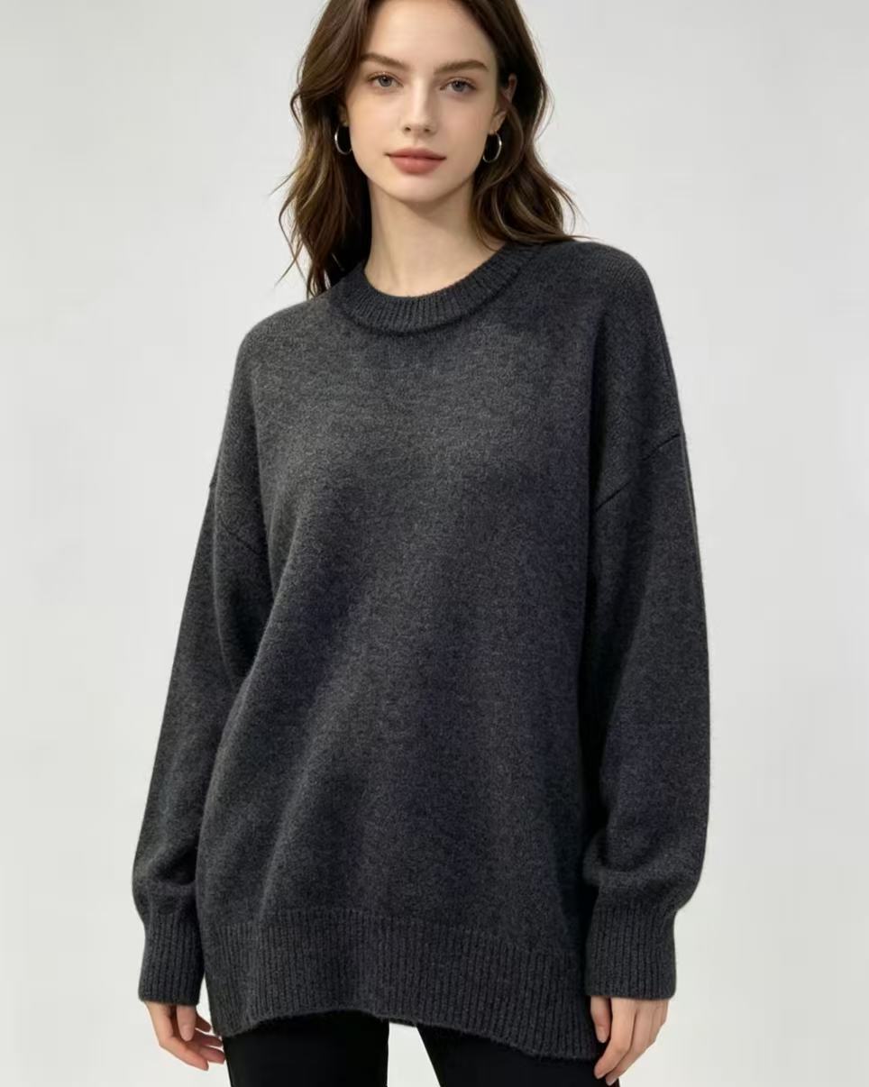 Odette | Womens Loose Round Neck Pullover Knitted Jumper - Dark Grey