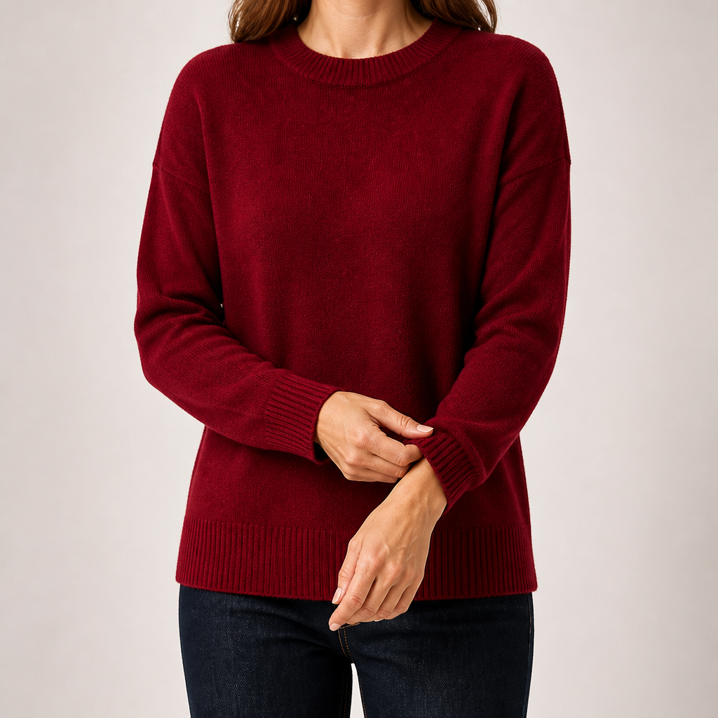 Odette | Womens Loose Round Neck Knitted Jumper Pullover Sweater, Wine Red