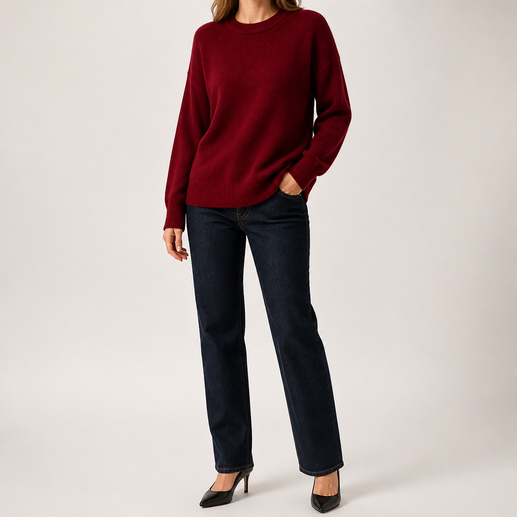 Odette | Womens Loose Round Neck Knitted Jumper Pullover Sweater, Wine Red