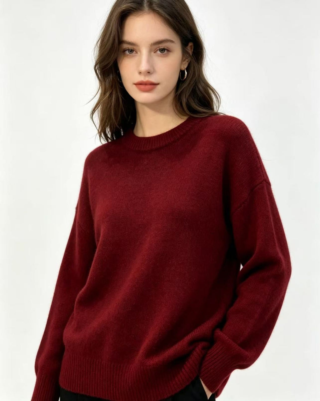 Odette | Womens Loose Round Neck Pullover Knitted Jumper - Wine Red
