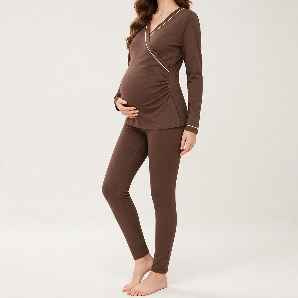 Odette | Womens Maternity Nursing Cotton Long Sleeve Loungewear Set, Brown