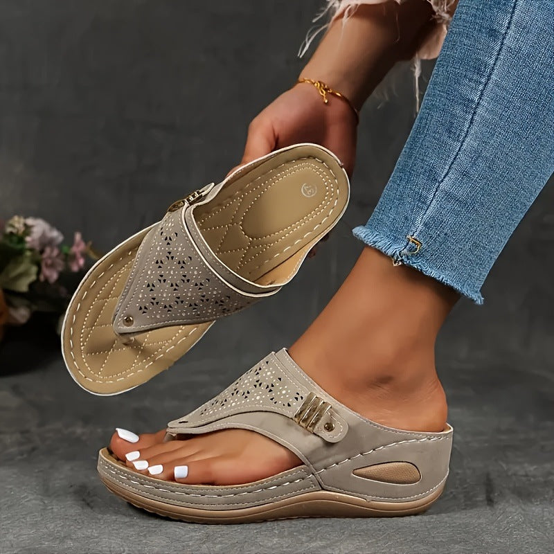 Odile | Womens Studded Toe Post Wedge Flip Flop Sandals - 1