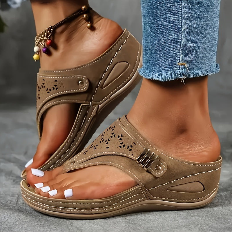 Odile | Womens Studded Toe Post Wedge Flip Flop Sandals - 2