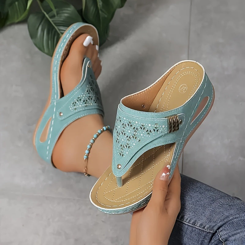 Odile | Womens Studded Toe Post Wedge Flip Flop Sandals - 3