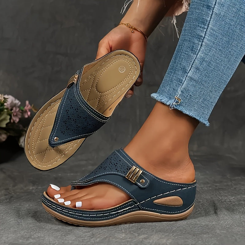 Odile | Womens Studded Toe Post Wedge Flip Flop Sandals - 4