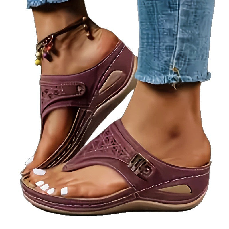 Odile | Womens Studded Toe Post Wedge Flip Flop Sandals - 5