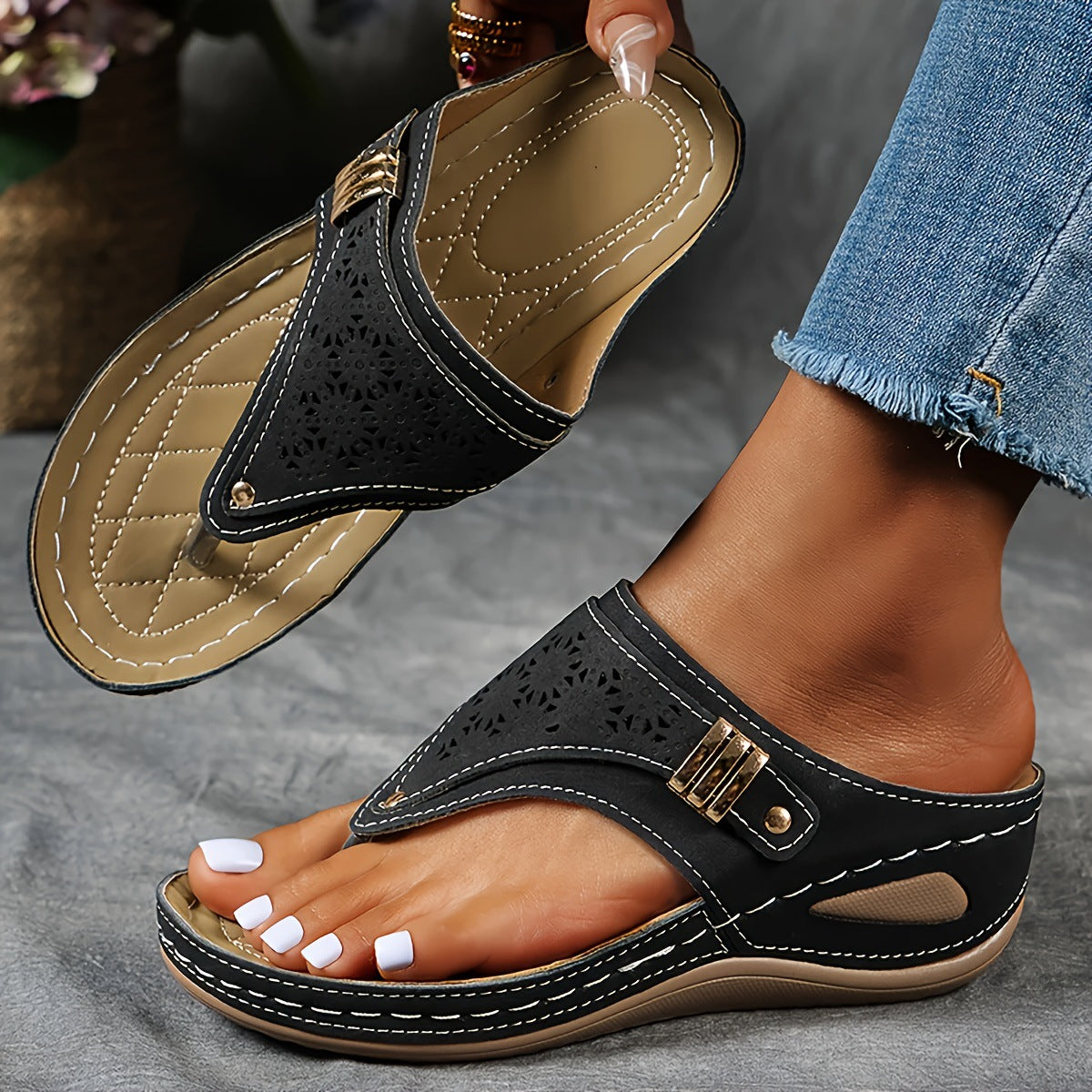Odile | Womens Studded Toe Post Wedge Flip Flop Sandals - 6