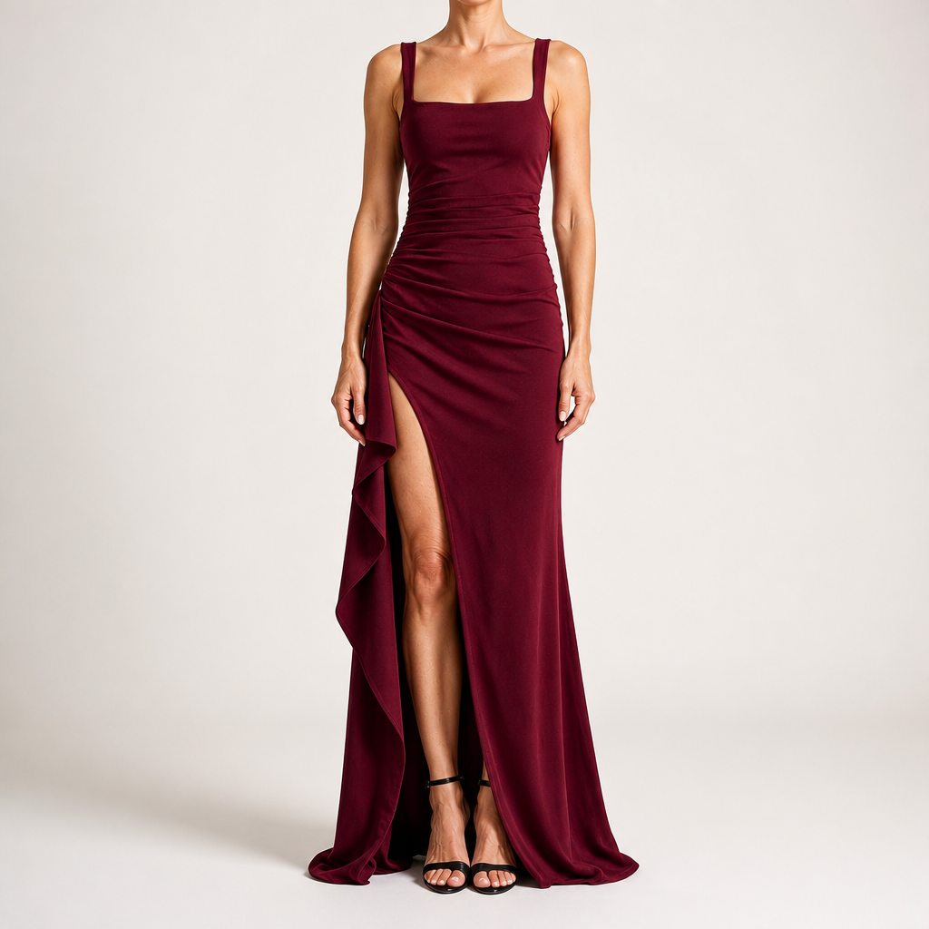 Ondine | Womens Wedding Guest Maxi Strapless Backless High Slit Dresses, Burgundy