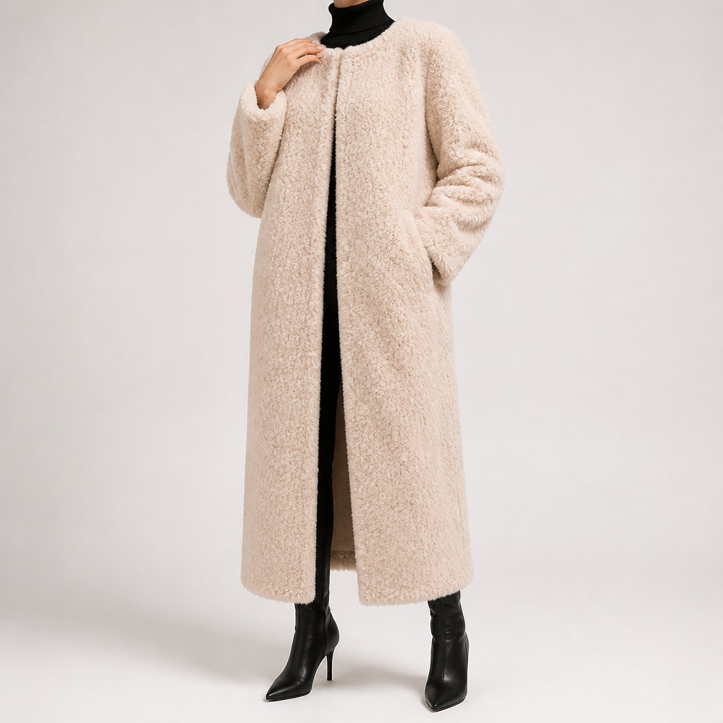 Ophelia | Womens Faux Fur Longline Warm Winter Coat, Apricot
