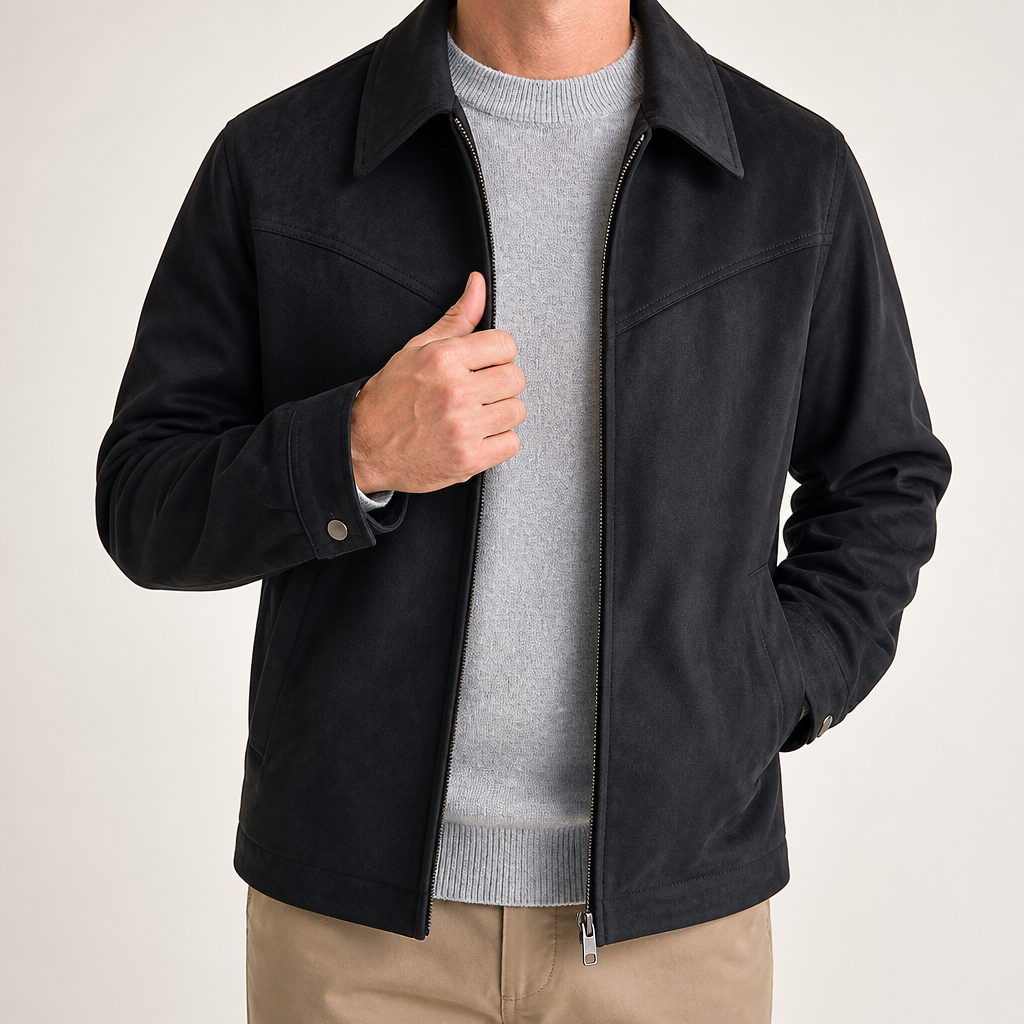 Orla | Mens Bomber Retro Washed Loose Zip Lapel Jacket, Black