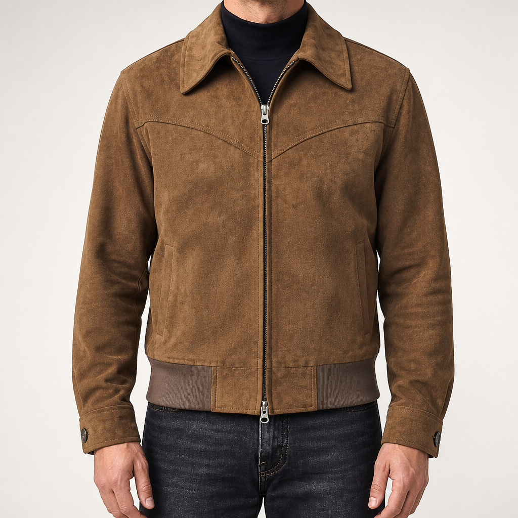 Orla | Mens Bomber Retro Washed Loose Zip Lapel Jacket, Coffee
