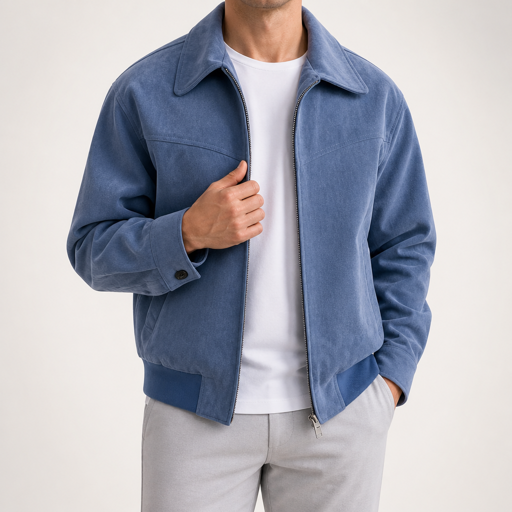 Orla | Mens Bomber Retro Washed Loose Zip Lapel Jacket, Light Blue