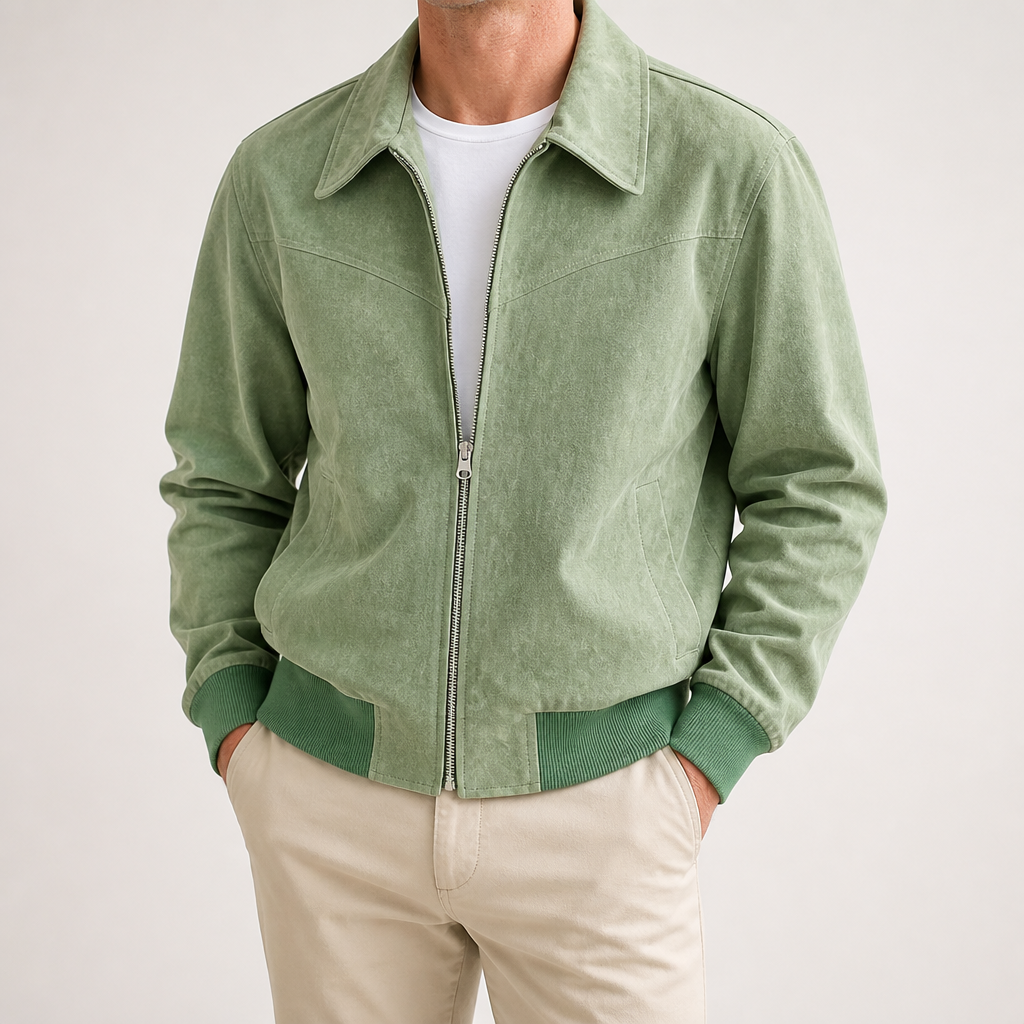 Orla | Mens Bomber Retro Washed Loose Zip Lapel Jacket, Light Green