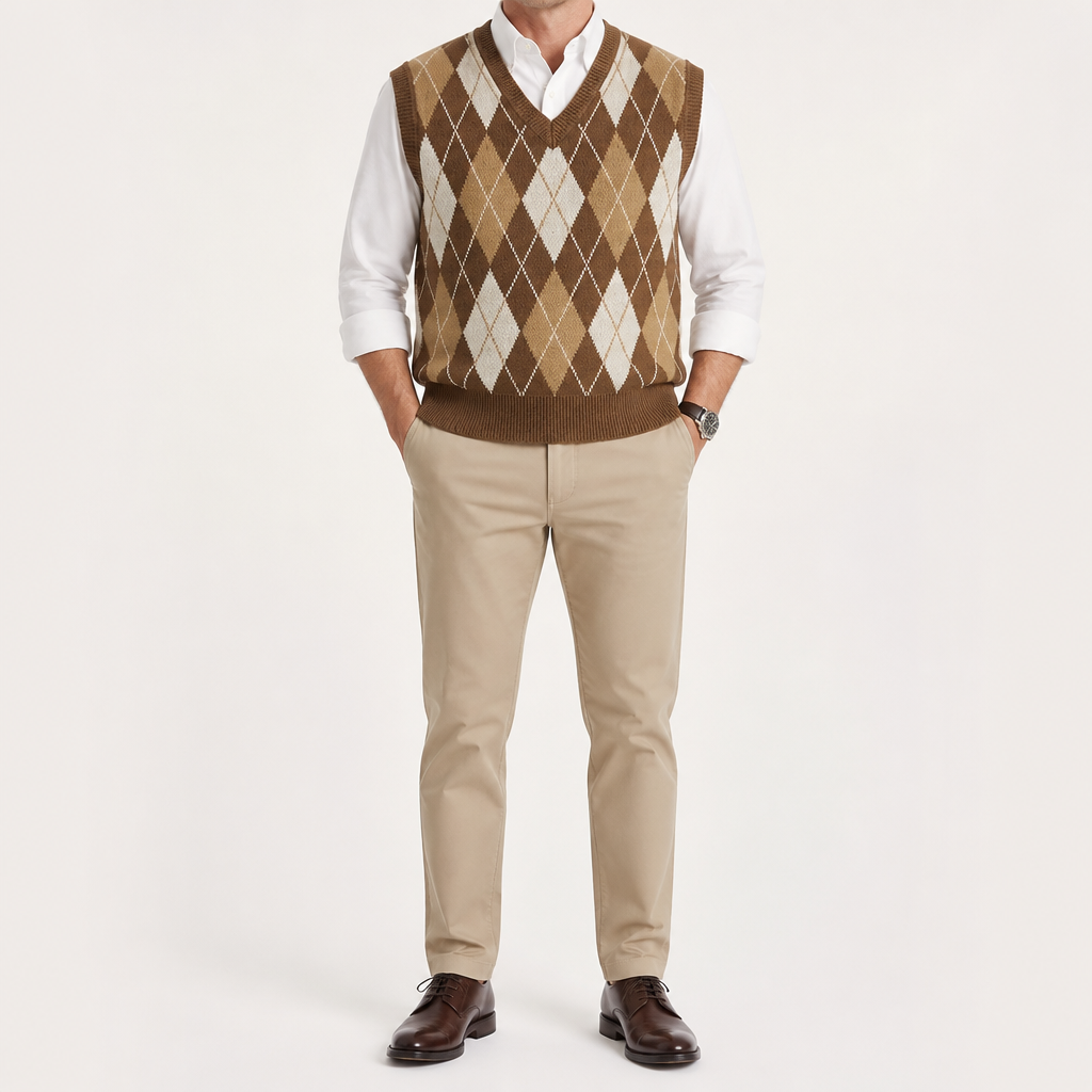 Orson | Mens Argyle V Neck Knitted Jumper Sweater Vest, Coffee