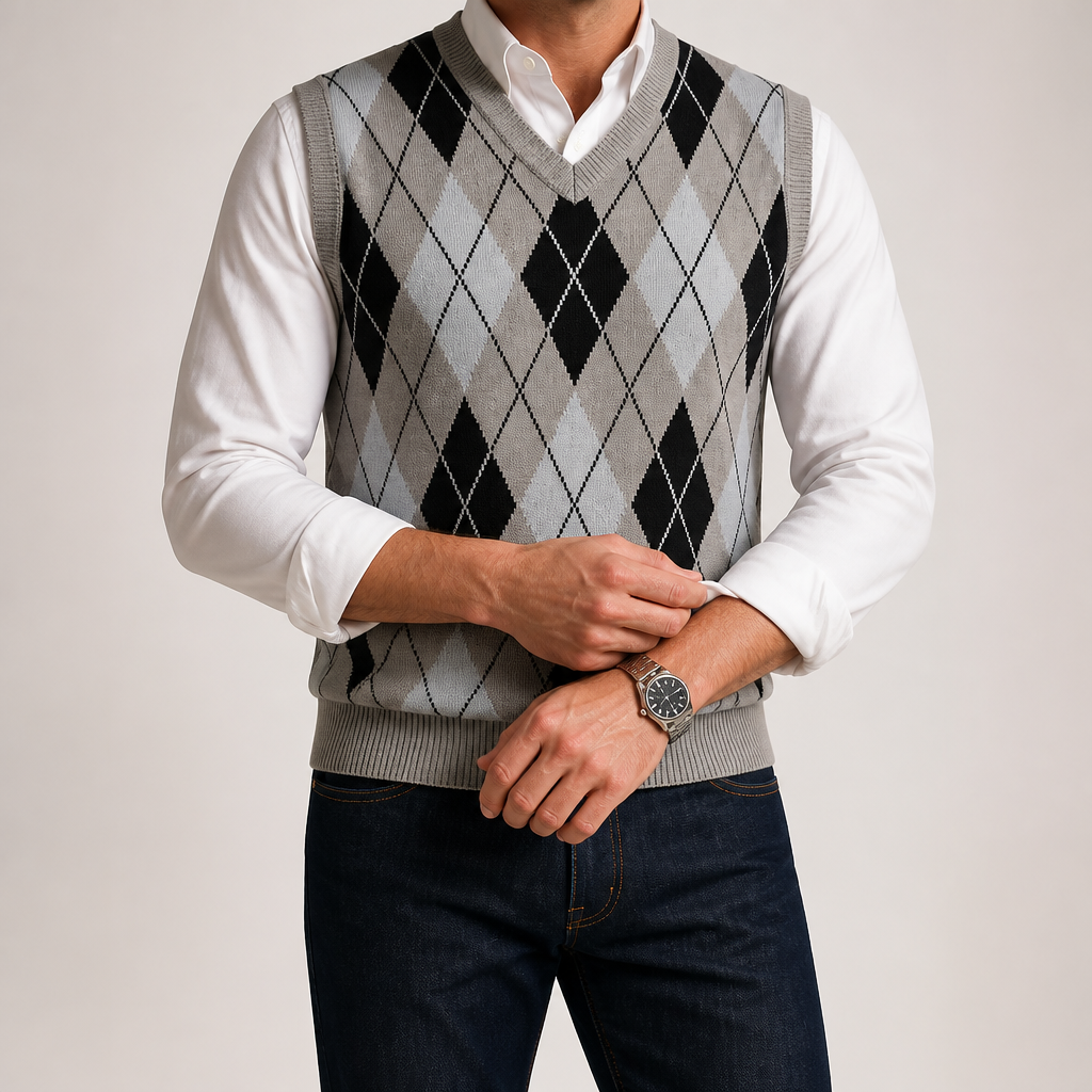 Orson | Mens Argyle V Neck Knitted Jumper Sweater Vest, Grey