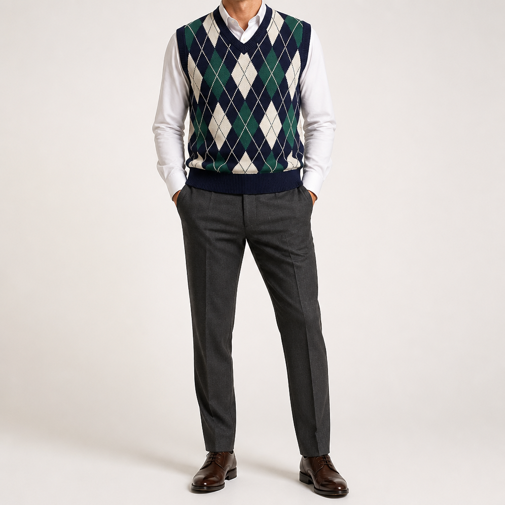 Orson | Mens Argyle V Neck Knitted Jumper Sweater Vest, Navy