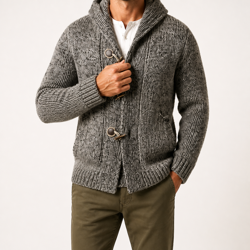 Osborn | Mens Long Hooded Toggle Knitted Warm Cardigan, Grey