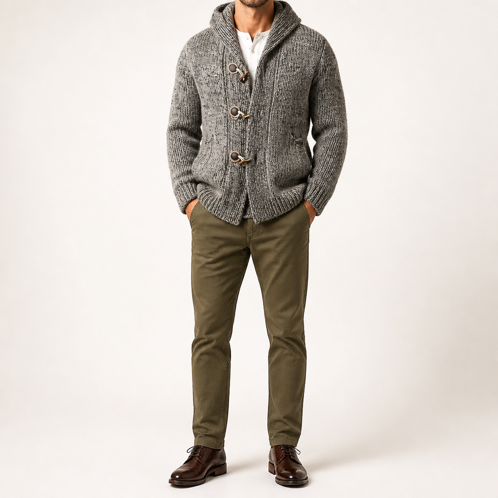 Osborn | Mens Long Hooded Toggle Knitted Warm Cardigan, Grey