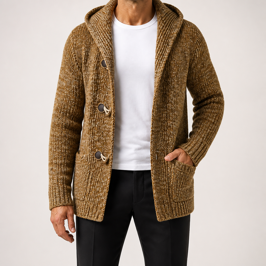 Osborn | Mens Long Hooded Toggle Knitted Warm Cardigan, Khaki