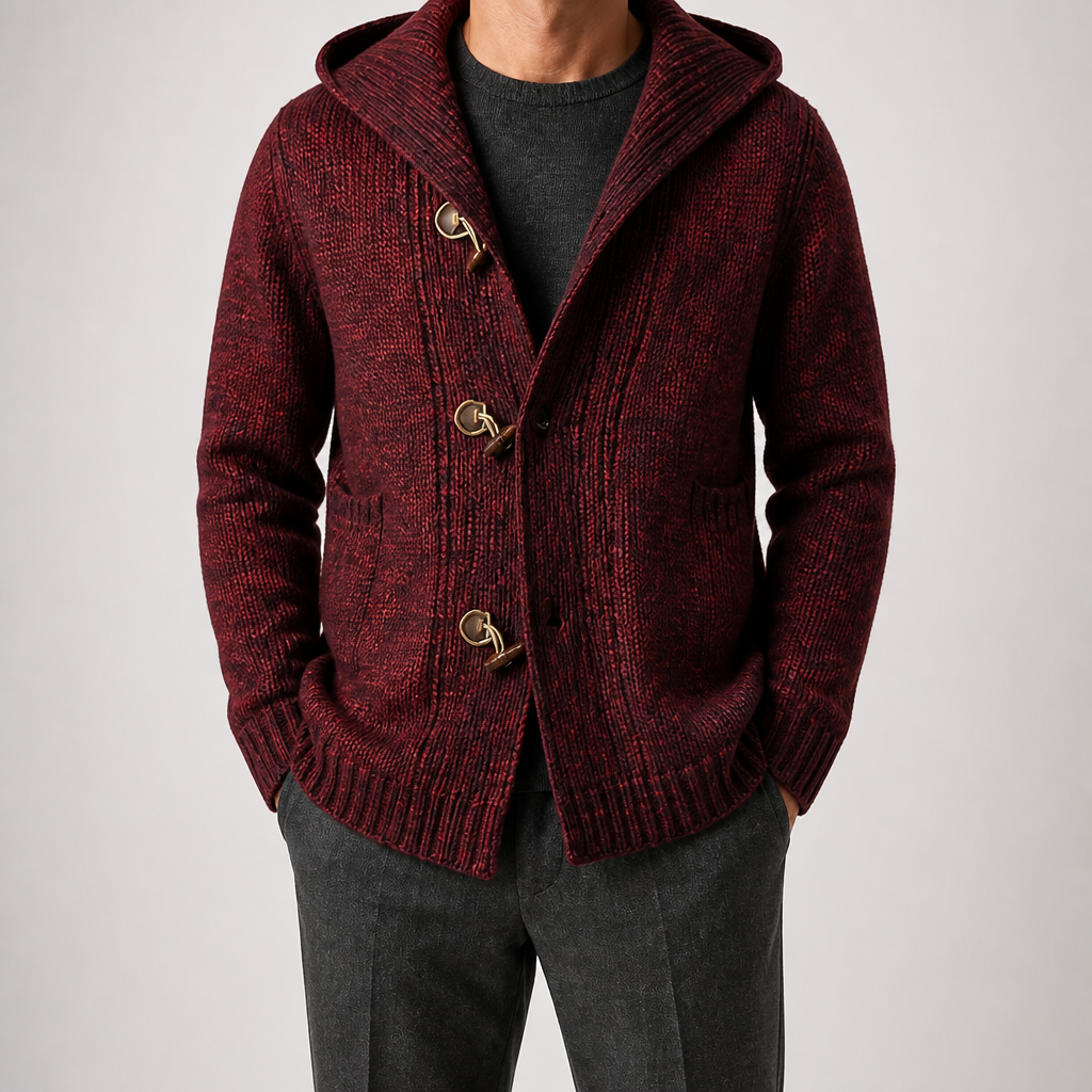 Osborn | Mens Long Hooded Toggle Knitted Warm Cardigan, Wine Red
