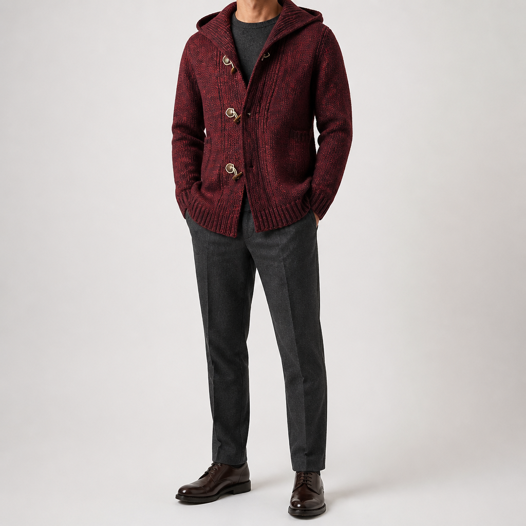 Osborn | Mens Long Hooded Toggle Knitted Warm Cardigan, Wine Red