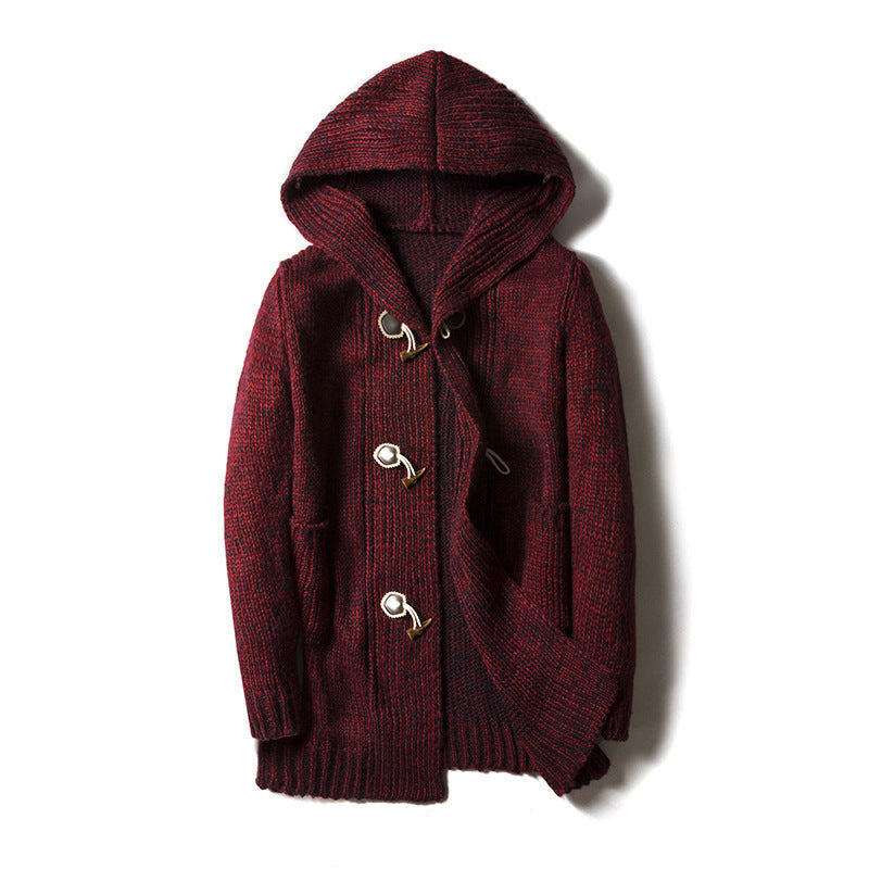 Osborn | Mens Long Hooded Toggle Knit Cardigan - Wine Red
