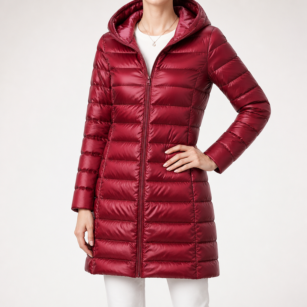 Pascal | Womens Puffer Jacket Hooded Longline Lightweight Long Puffer Coat, Burgundy