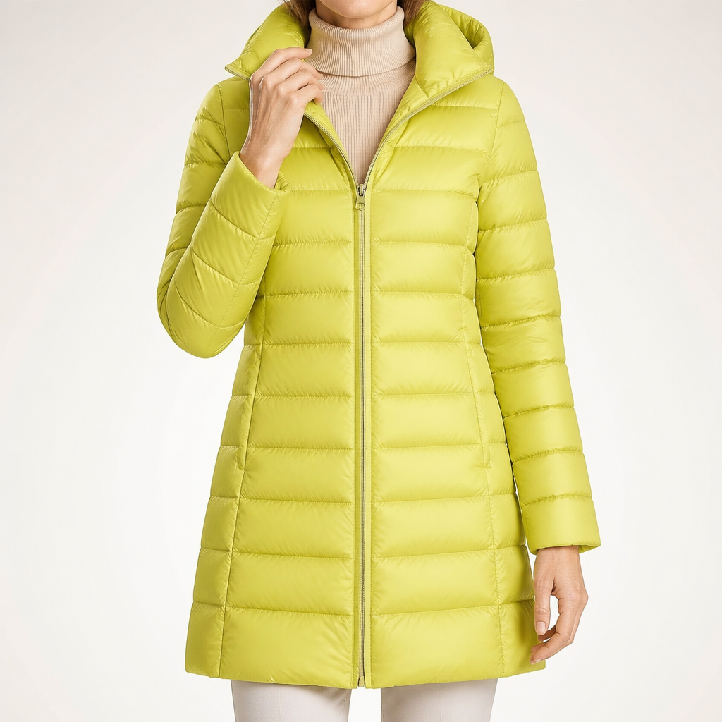 Pascal | Womens Puffer Jacket Hooded Longline Lightweight Long Puffer Coat, Fruit Green