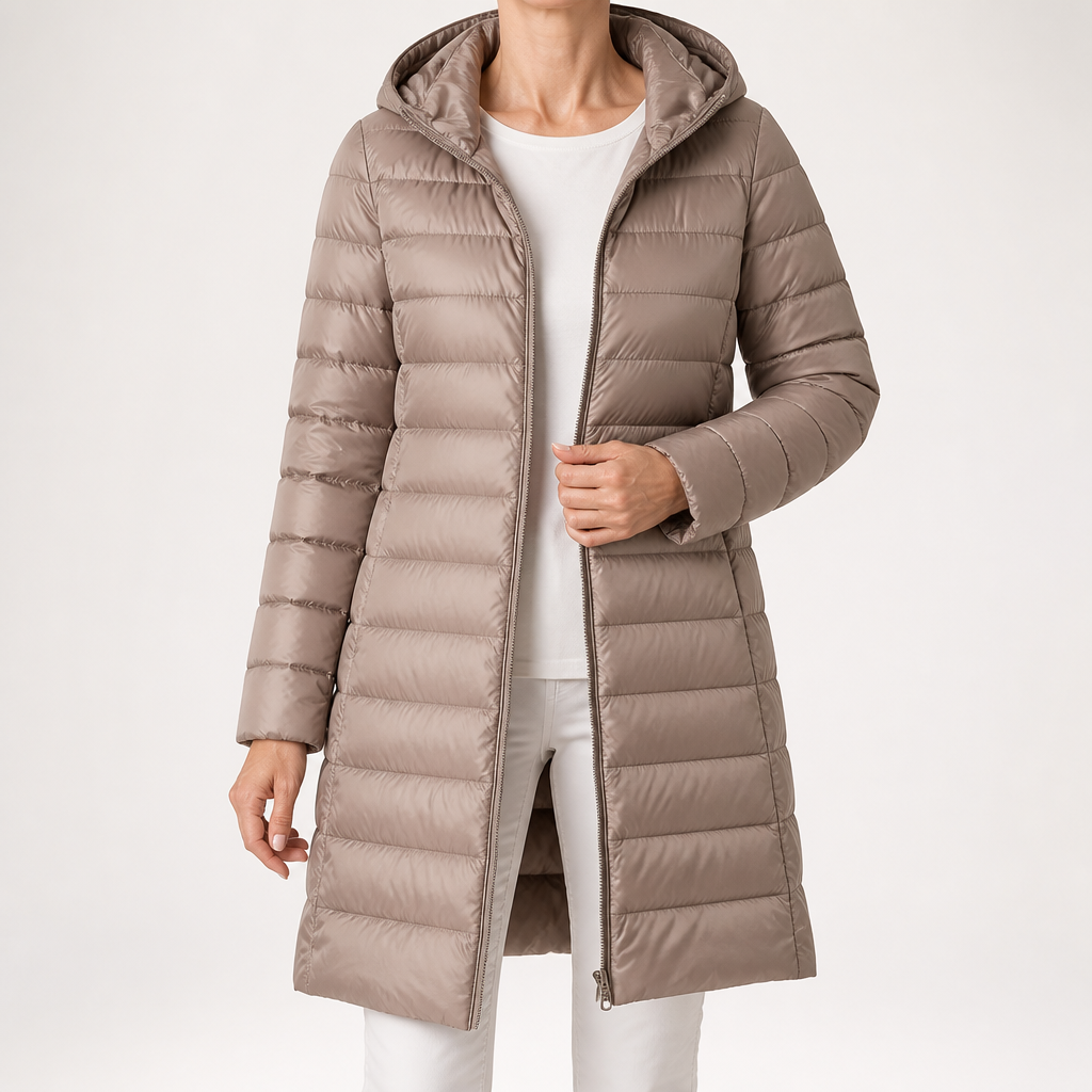 Pascal | Womens Puffer Jacket Hooded Longline Lightweight Long Puffer Coat, Khaki