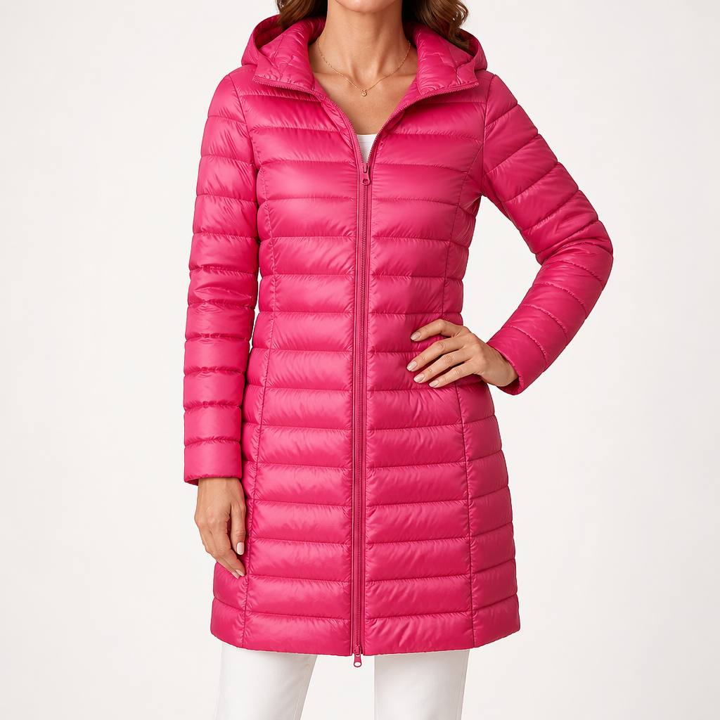 Pascal | Womens Puffer Jacket Hooded Longline Lightweight Long Puffer Coat, Rose