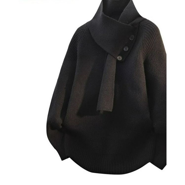 Pearl | Womens Scarf Collar Wool Knit Sweater, Black