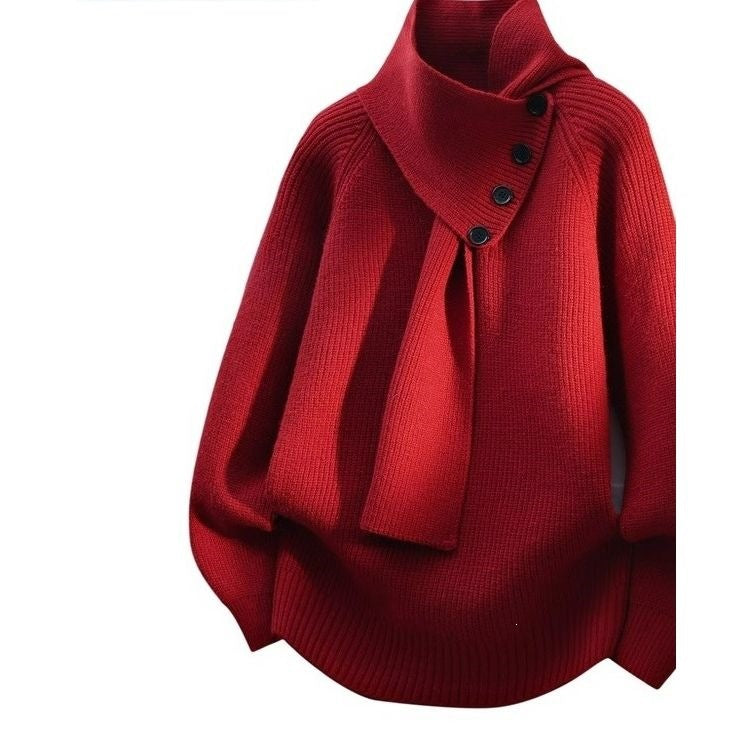 Pearl | Womens Scarf Collar Wool Knit Sweater, Red