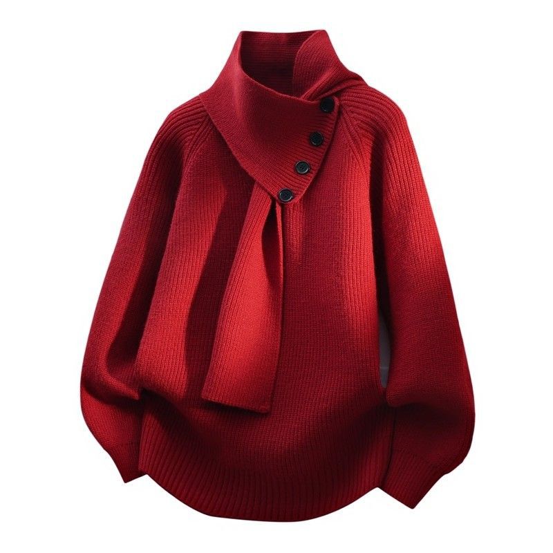 Pearl | Womens Scarf Collar Wool Knit Sweater, Red