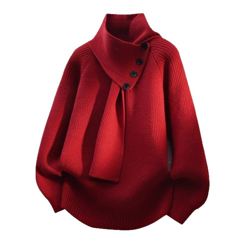 Pearl | Womens Scarf Collar Wool Knit Sweater, Red