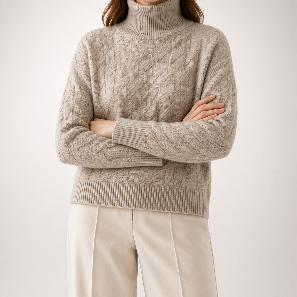 Pernille | Womens Turtleneck Knitted Jumper Roll Neck Pullover Sweater, Camel