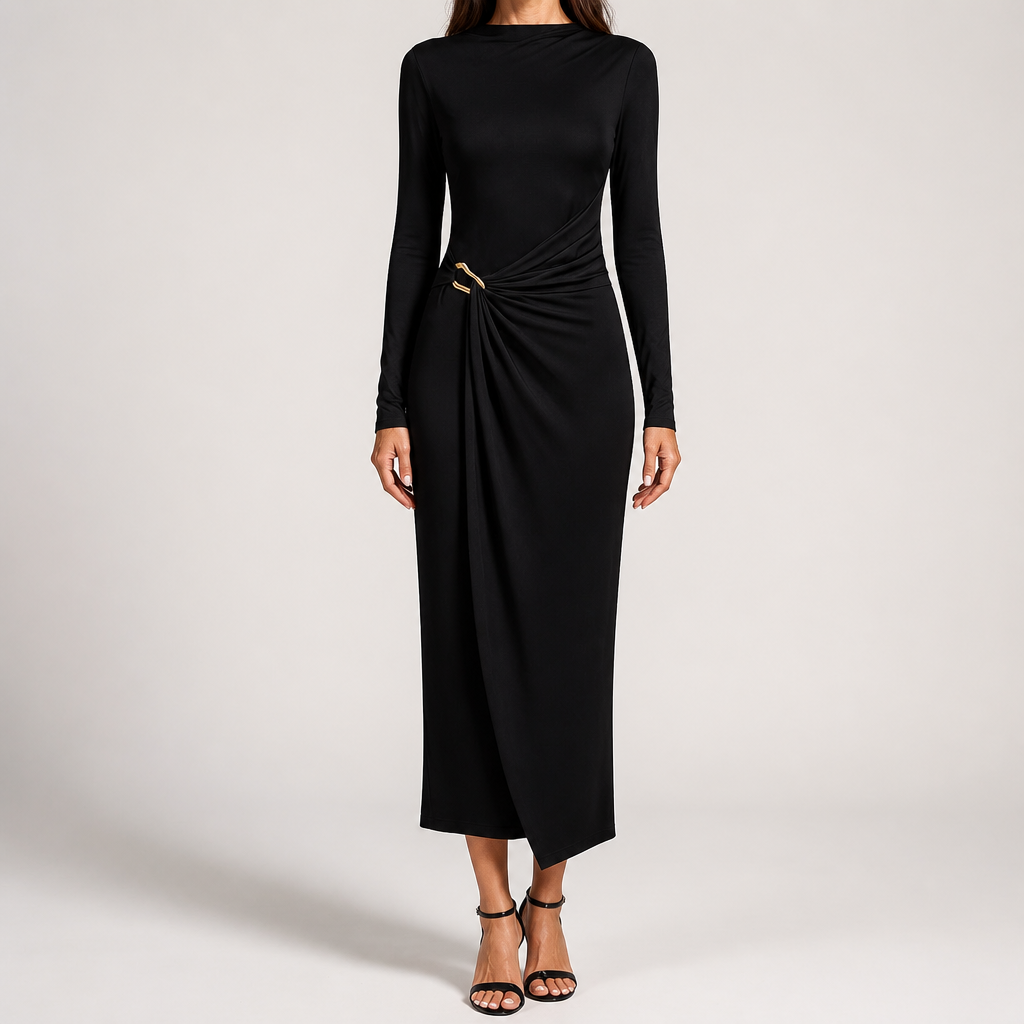 Petra | Womens Wedding Guest Long Sleeve Bodycon Midi Prom Dress, Black