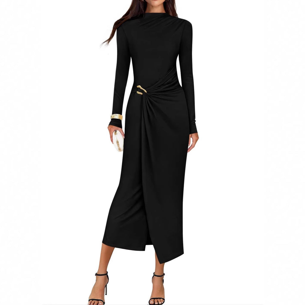Petra | Wedding Guest Long Sleeve Bodycon Midi Dress Prom Knit Bridesmaid - Black