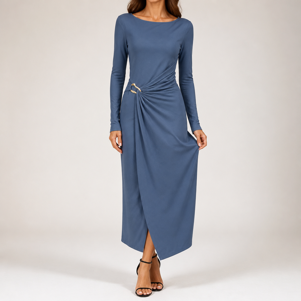 Petra | Womens Wedding Guest Long Sleeve Bodycon Midi Prom Dress, Blue