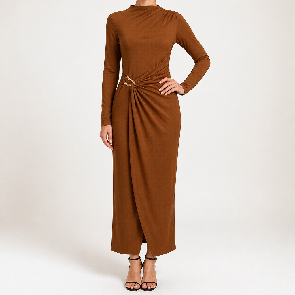 Petra | Womens Wedding Guest Long Sleeve Bodycon Midi Prom Dress, Camel