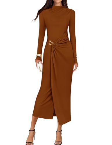 Petra | Wedding Guest Long Sleeve Bodycon Midi Dress Prom Knit Bridesmaid - Camel