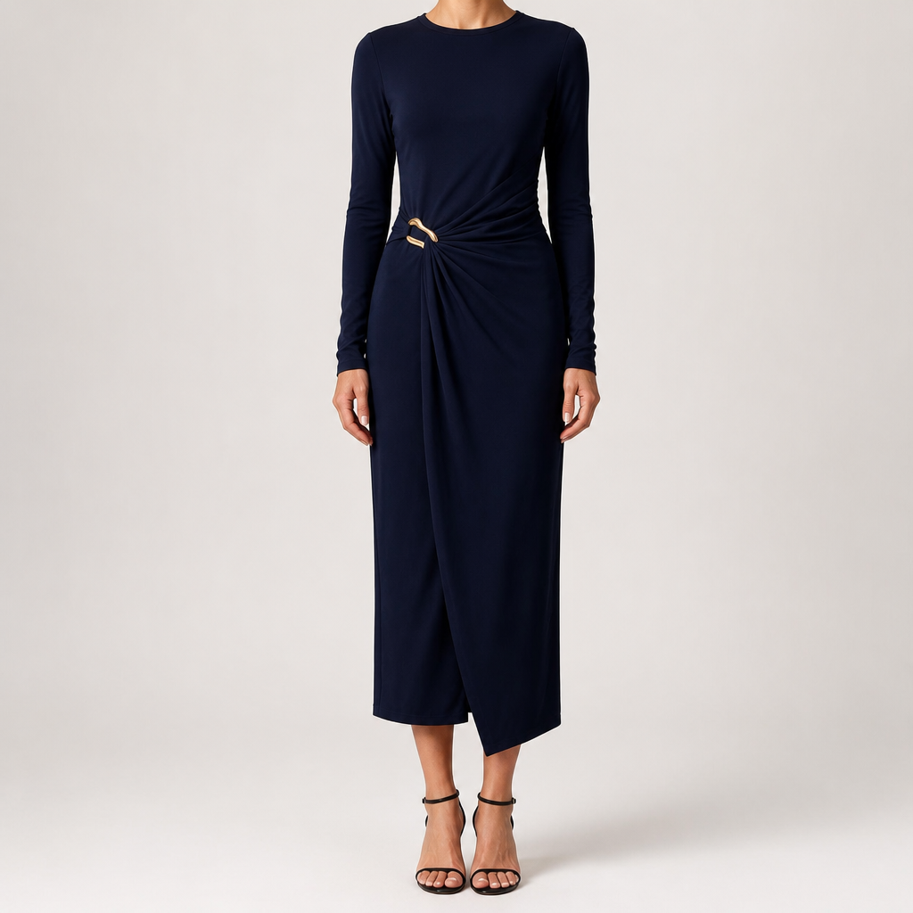 Petra | Womens Wedding Guest Long Sleeve Bodycon Midi Prom Dress, Dark Blue